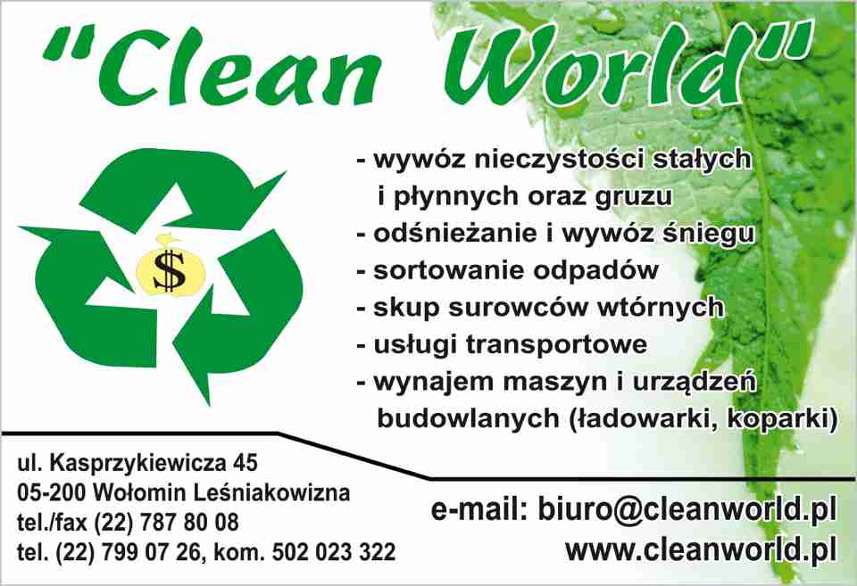"Clean World" FIRMA HANDLOWO USŁUGOWA - sortowanie odpadów ZIELONKA wywóz nieczystości stałych ZIELONKA